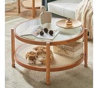 Round Side Table - Glass Top Coffee Station with Storage, Plastic Shelf for Home Kitchen, Entryway, Living Room, Dining Room