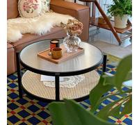 Round Side Table - Glass Top Coffee Station with Storage, Plastic Shelf for Home Kitchen, Entryway, Living Room, Dining Room