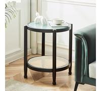 Round Side Table - Glass Top Coffee Station with Storage, Plastic Shelf for Home Kitchen, Entryway, Living Room, Dining Room