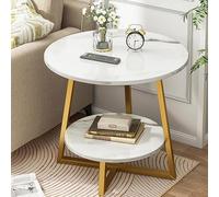 Round Side Table with Storage Shelf 2Tier Nightstand & Coffee Accent Table Faux Marble Top & Metal Frame Stylish End Table for Living Room & Bedroom White & Gold 60x55cm