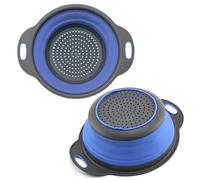 Round Silicone Blue Colander Collapsible - Foldable Kitchen Strainer Collapsible Colander with Plastic Handles for Draining Vegetable and Fruit Round Silicone Kitchen Strainer for Pasta