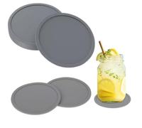 Round Silicone Coasters Set of 4 or 8 - Non-Slip Cup Mats Pad for Coffee Mugs, Drinks, Table Protection Silicone Rubber, Multiple Colors (Blue, Red, Green, Grey, White, Black) (Grey, Set of 4)