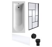 Round Single Ended 1700x700 Bath Set - Front Bath Panel & Black Abstract Framed Screen & Black Waste