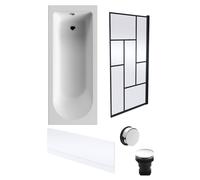 Round Single Ended 1700x700 Bath Set - Front Bath Panel & Black Abstract Framed Screen & Chrome Waste