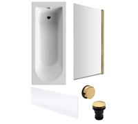 Balterley 1700 x 700mm Round Shower Bath with Leg Set, Brushed Brass Rectangular Shower Screen, Brushed Brass Waste & Front Bath Panel, Straight Single Ended Gloss White Soaking Bathtubs