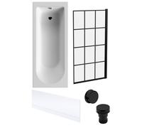 Balterley 1700 x 700mm Round Shower Bath with Leg Set, Black Square Framed Shower Screen, Black Waste, & Front Bath Panels, Straight Single Ended Gloss White Soaking Bathtubs, Rectangular Bathtub