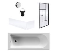 Round Single Ended 1700x700 Bath Set - Front & End Panels & Black Abstract Framed Screen & Chrome Waste