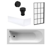 Round Single Ended 1700x700 Bath Set - Front & End Panels & Black Square Framed Screen & Black Waste