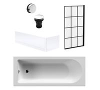 Round Single Ended 1700x700 Bath Set - Front & End Panels & Black Square Framed Screen & Chrome Waste