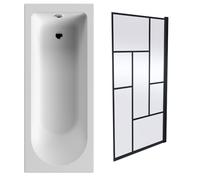 Round Single Ended 1700x700 Bath Set - Leg Set & Black Abstract Framed Screen