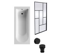Round Single Ended 1700x700 Bath Set - Leg Set, Black Abstract Framed Screen & Black Waste