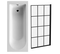 Balterley 1700 x 700mm Round Shower Bath with Leg Set & Black Square Framed Shower Screen, Straight Single Ended Gloss White Soaking Bathtubs, Rectangular Soaking Bathtub, Acrylic Baths
