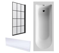 Round Single Ended 1700x700 Shower Bath Set - Front Panel & Black Hinged Screen