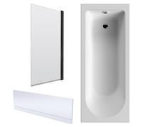 Balterley Shower Bath Bundle Single End Round Tub, Front Panel & Square Bath Screen, 1700mm X 700mm, Black