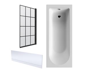 Round Single Ended 1700x750 Shower Bath Set - Front Panel, Matt Black Square Framed Screen & Leg Set