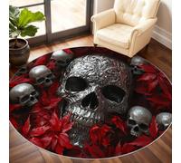 Round Skull Rug 200cm - Red Maple Leaf Round Rugs for Living Room, Gothic Washable Rug, Soft Low Pile Circular Carpet for Patio High Traffic Area, Day of The Dead Home Decor & Gifts