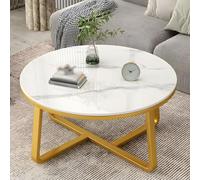 Round Slate and Metal Coffee Table - 24" Small Italian Balcony Tea Table Modern Design for Apartments White Top Stylish Accent for Living Room or Patio