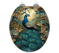 Round Slow Quiet Close Resin Toilet Seat, Quick-Release Hinges, Easy to Clean & Install, Majestic Peacock Pattern with Vibrant Tropical Foliage & Flowers