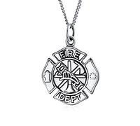 Round Small Firefighter Fire Dept Shield Medallion Pendant Necklace For Firemen Wife For Women Sterling Silver 16 Inch