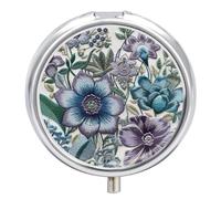 Round Small Pill Box Waterproof Medicine Pill Organizer Portable Blue Purple Flowers Printing Travel Pill Case for Vitamin Travel Purse Or Pocket