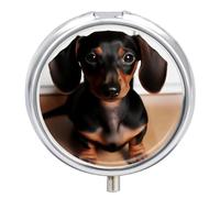 Round Small Pill Box Waterproof Medicine Pill Organizer Portable Cute Wiener Sausage Dog Printing Travel Pill Case for Vitamin Travel Purse Or Pocket