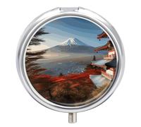 Round Small Pill Box Waterproof Medicine Pill Organizer Portable Japan Mount Landscape Printing Travel Pill Case for Vitamin Travel Purse Or Pocket