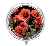 Round Small Pill Box Waterproof Medicine Pill Organizer Portable Red Flowers Leaves Printing Travel Pill Case for Vitamin Travel Purse Or Pocket