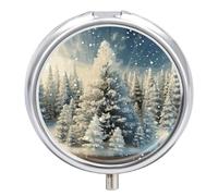 Round Small Pill Box Waterproof Medicine Pill Organizer Portable Snow Wonderland Pine Tree Christmas Printing Travel Pill Case for Vitamin Travel Purse Or Pocket