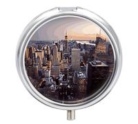 Round Small Pill Box Waterproof Medicine Pill Organizer Portable Tall Buildings in Cities Printing Travel Pill Case for Vitamin Travel Purse Or Pocket