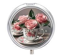 Round Small Pill Box Waterproof Medicine Pill Organizer Portable Tea Cups with Roses Romantic Shabby Printing Travel Pill Case for Vitamin Travel Purse Or Pocket