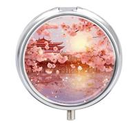 Round Small Pill Case 3 Compartment Metal Portable Travel Pillbox for Purse | Moisture Proof, Easy to Open, Fits Wallets & Pockets, Cherry Blossoms Pill Organizer for Vitamins Fish Oil