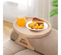 Round Sofa Arm Tray Table, Portable and Foldable Bamboo Sofa Armrest Clip-On Tray, Waterproof Couch Arm Clip Table for Drinks Snacks Remote Control Phone