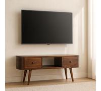 Round Solid Mango Wood Media Unit with 2 Smooth-Gliding Drawers and Open Shelf, Stand for TV and Media, 30L x 100W x 37H cm, Brown Aosom UK