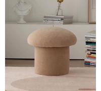 Round Solid Wood Stool with Faux Lamb Wool Seat - Soft Stylish Mushroom Stool for Living Room Bedroom Entryway