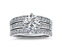 Round Solitaire AAA CZ 3 Row Pave Band Guard Enhancers Anniversary Engagement Ring Wedding Band Set For Women .925 Sterling Silver