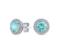 Round Solitaire Halo Aqua Blue Cubic Zirconia Simulated Aquamarine CZ Stud Earrings For Women .925 Sterling Silver 8MM