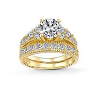 Round Solitaire Side Stones AAA CZ Pave Wedding Band Engagement Ring Set Gold Plated .925 Sterling Silver