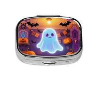 Round Square Pill Case Cool Soft Halloween Ghost Pills Daily Box 2 Compartments Travel Pill Container for Pocket Wallet Box