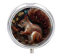 Round Squirrel Embroidery Pill Box Small Pill Case with 3 Compartment Portable Metal Medicine Organizer Mini Travel Medicine Vitamin Supplement Container for Pocket Purse