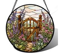 Round Stained Glass Window Hanging, Spring Summer Floral Nature Panel(Set82,7.87 inch)