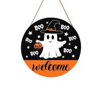 round Stained Glass Window Panel Wooden Pumpkin Plaque with " Happy Halloween" Signs Wall Wreaths Retro Wall Corner Front Door Welcome Sign Porch Indoor Outdoor Ornaments (6-Orange, 30x30cm)