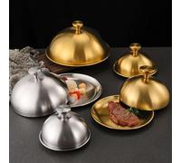 Round Stainless Steel Lid for Steak Plates and Barbecue Dishes, Rust-Resistant Cover with Polished and Comfortable Handle for Easy Lifting (20CM Golden)