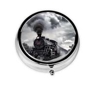 Round Steam Train Pill Box with Clouds - 3 Compartments Handbag Pill Box Portable Pill Box for Containing Vitamins Medicine Fish Oil Supplements