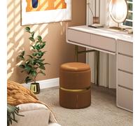 HOMCOM Round Pouffe, Storage Footstool with Cushioned Top, Light Brown