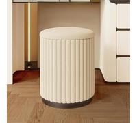 Round Storage Stool - Upholstered Vanity Chair & Ottoman Footrest Non-Slip Metal Base Skin-Friendly Fabric Versatile Vanity Stool for Living Room & Bedroom (A-White)