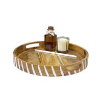 Round Striped White Wash Mango Wood Handled Serving Tray Rustic Breakfast Lap (Large 38 cm)
