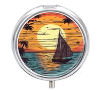 Round Sunset and Sailboat Pill Box Small Pill Case with 3 Compartment Portable Metal Medicine Organizer Mini Travel Medicine Vitamin Supplement Container for Pocket Purse