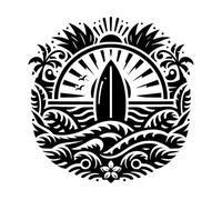 Round Surfboard with Palm Trees and Flowers on Sunny Ocean Waves Vinyl Art Sticker 42x42.3cm Multi Color Selection Black