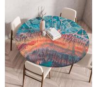Round Table Cloth Blue Yellow Stone Round Tablecloth Polyester Reusable Elastic Edged Fitted Wipeable Tablecloths Washable Dining Room Garden Table Cover (130 cm)