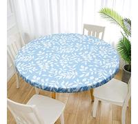 Round Table Cloth Waterproof Wipeable Elastic Edged Vinyl Fitted Tablecloth Flannel Backed Reusable for Indoor Outdoor Party Picnic Garden (Blue Leaves, 110-140CM)